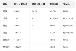 欧洲电力拍卖：北欧日前电价飙升 1846%