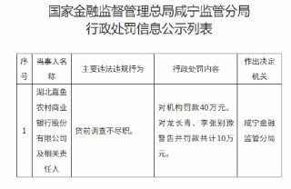湖北嘉鱼农村商业银行被罚40万元：贷前调查不尽职