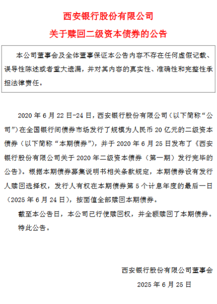 西安银行：全额赎回2020年二级资本债券（第一期）  第1张